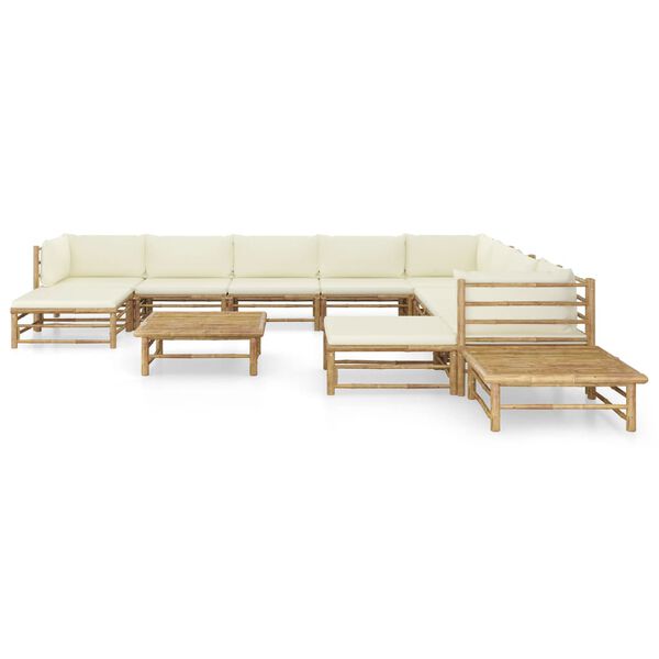 vidaXL Set de muebles de jardín 12 piezas bambú y cojines blanco crema