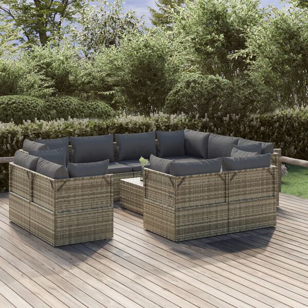 vidaXL Set de muebles de jard&iacute;n 12 pzas cojines rat&aacute;n sint&eacute;tico gris