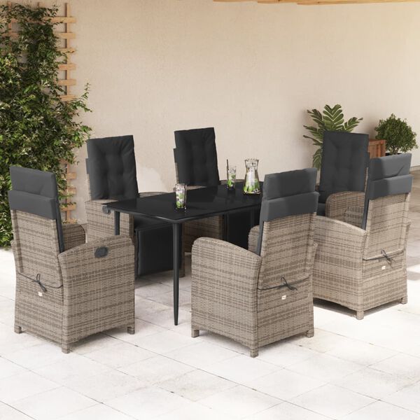 vidaXL Set comedor jard&iacute;n 7 pzas y cojines rat&aacute;n sint&eacute;tico gris