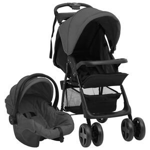vidaXL Carrito de beb&eacute;s 3 en 1 de acero gris oscuro y negro