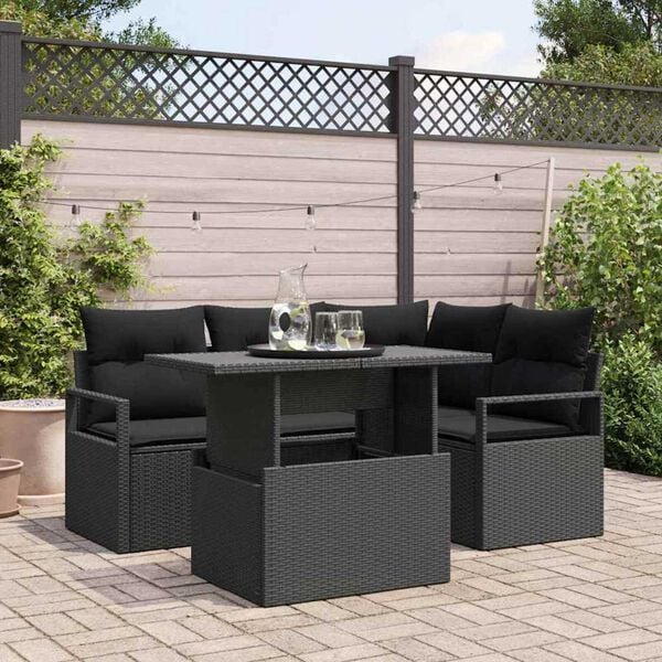 vidaXL Conjunto de sof&aacute; de jard&iacute;n con coj&iacute;n 5 pcs Negro Polirat&aacute;n