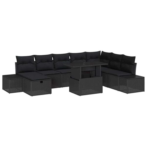 vidaXL Conjunto de sof&aacute; de jard&iacute;n 9 pcs Negro rat&aacute;n sint&eacute;tico