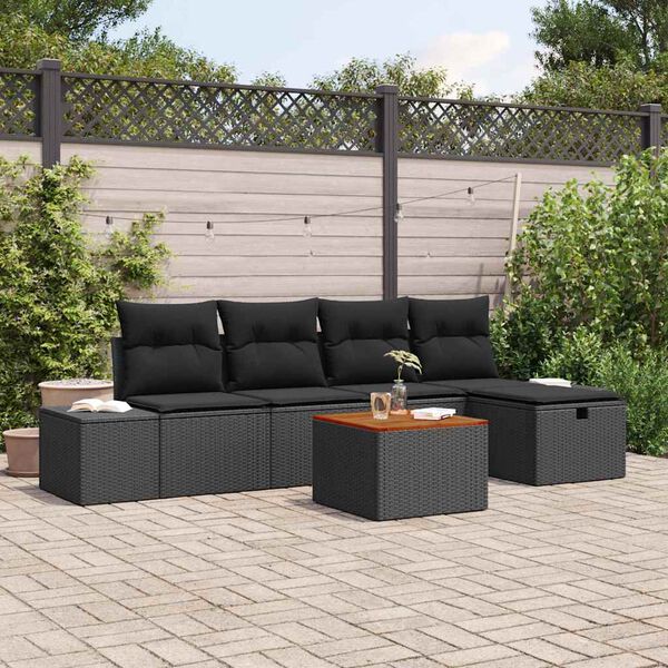 vidaXL Conjunto de sof&aacute; de jard&iacute;n con coj&iacute;n 6 pcs Negro Polirat&aacute;n