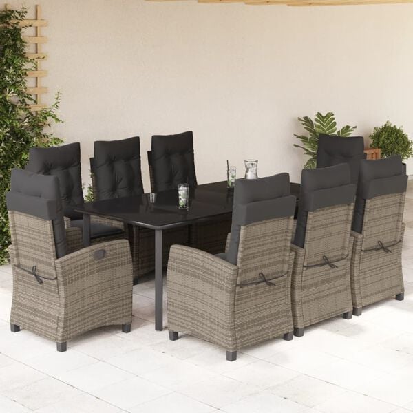 vidaXL Set comedor jard&iacute;n 9 pzas y cojines rat&aacute;n sint&eacute;tico gris