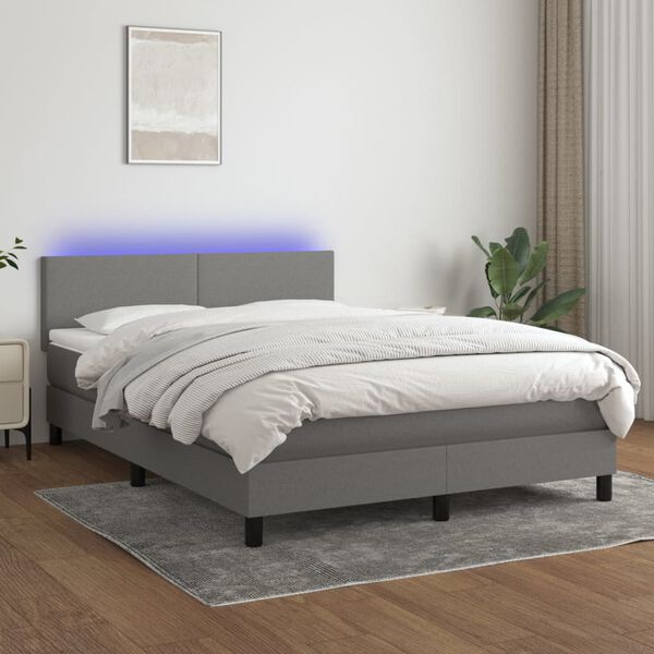 vidaXL Cama box spring con colch&oacute;n y LED tela gris oscuro 140x190 cm