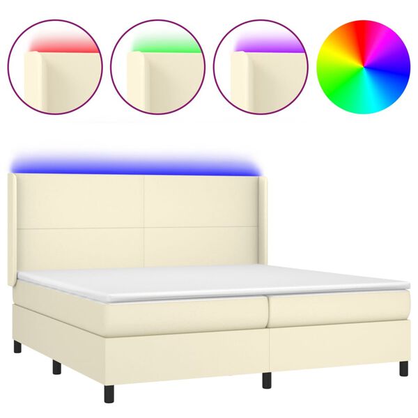 vidaXL Cama box spring colch&oacute;n y LED cuero sint&eacute;tico crema 200x200 cm
