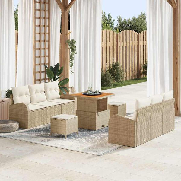vidaXL Conjunto de sof&aacute; de jard&iacute;n con coj&iacute;n 9 pcs Beige Polirat&aacute;n