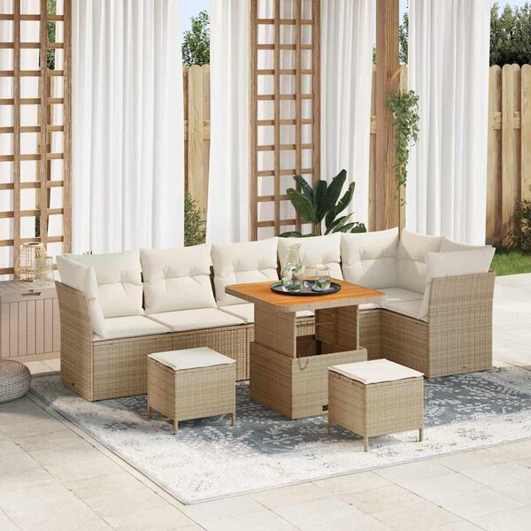 vidaXL Conjunto de sof&aacute;s de jard&iacute;n 9 pcs Beige rat&aacute;n sint&eacute;tico