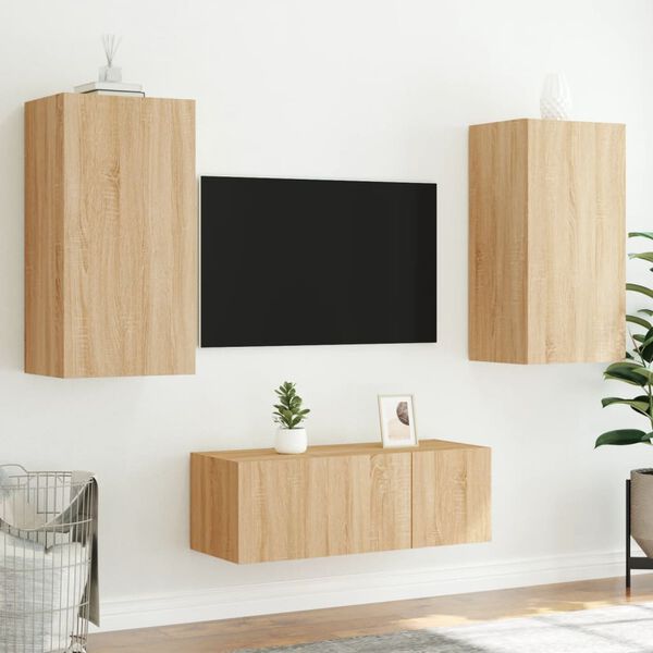 vidaXL Muebles TV pared con LED 4 pzas madera ingenier&iacute;a roble Sonoma