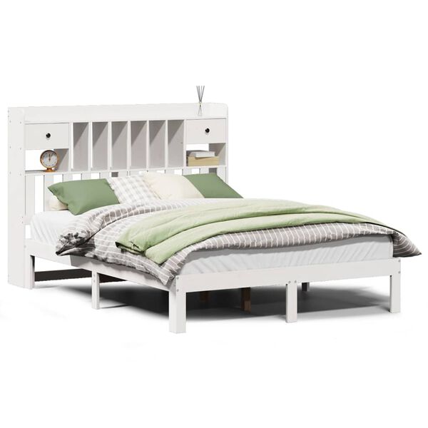 vidaXL Cama con estanter&iacute;a sin colch&oacute;n madera maciza blanca 140x190 cm
