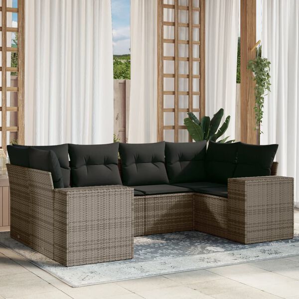 vidaXL Set de muebles de jard&iacute;n 6 pzas y cojines rat&aacute;n sint&eacute;tico gris