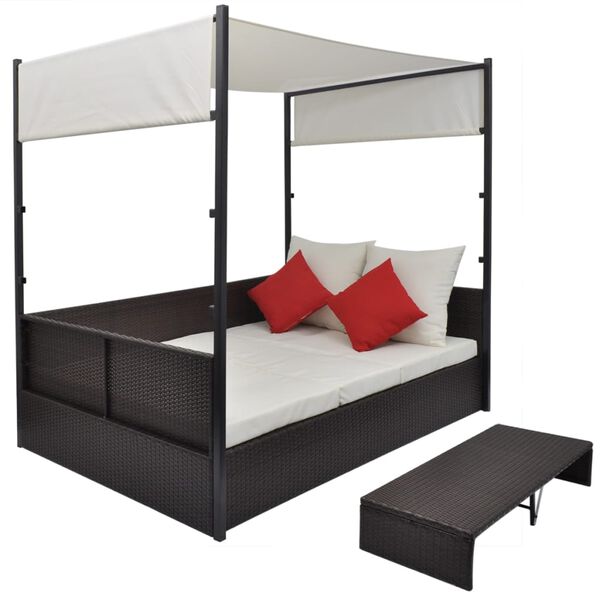 vidaXL Cama de jard&iacute;n con toldo rat&aacute;n sint&eacute;tico marr&oacute;n 190x130 cm