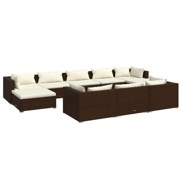 vidaXL Set muebles de jard&iacute;n 10 pzas y cojines rat&aacute;n sint&eacute;tico marr&oacute;n