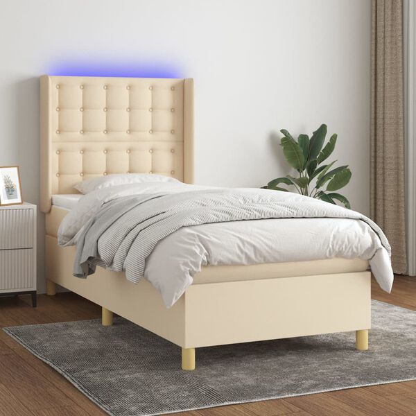 vidaXL Cama box spring colch&oacute;n y luces LED tela crema 100x200 cm