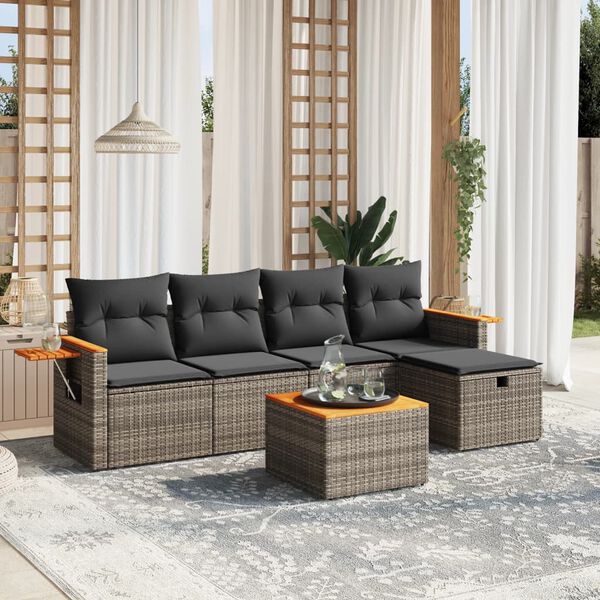 vidaXL Set de muebles de jard&iacute;n 6 pzas y cojines rat&aacute;n sint&eacute;tico gris