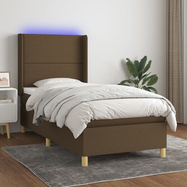 vidaXL Cama box spring colch&oacute;n luces LED tela marr&oacute;n oscuro 100x200cm