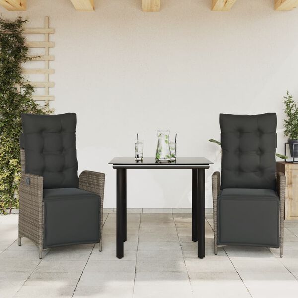 vidaXL Set comedor de jard&iacute;n 3 piezas con cojines rat&aacute;n sint&eacute;tico gris