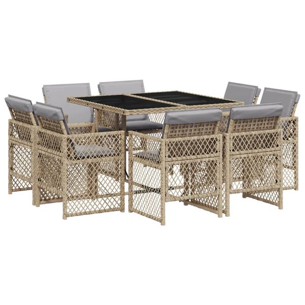 vidaXL Set comedor de jard&iacute;n 9 pzas con cojines rat&aacute;n sint&eacute;tico beige