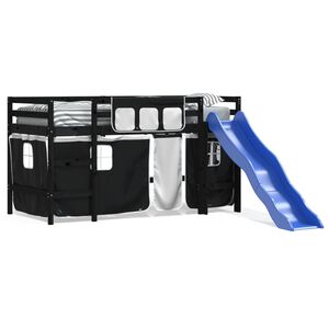 vidaXL Cama alta ni&ntilde;os con cortinas madera pino blanco negro 80x200 cm