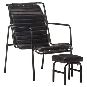 vidaXL Silla de relax reposabrazos y reposapi&eacute;s cuero aut&eacute;ntico negro