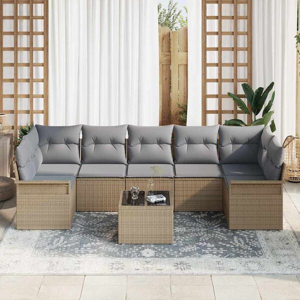 vidaXL Conjunto de sof&aacute; de jard&iacute;n 8 pcs Beige y gris rat&aacute;n sint&eacute;tico