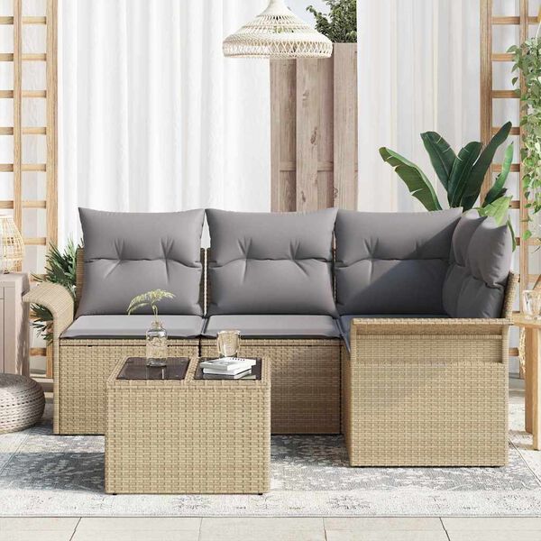 vidaXL Conjunto de sof&aacute; de jard&iacute;n 5 pcs Beige rat&aacute;n sint&eacute;tico