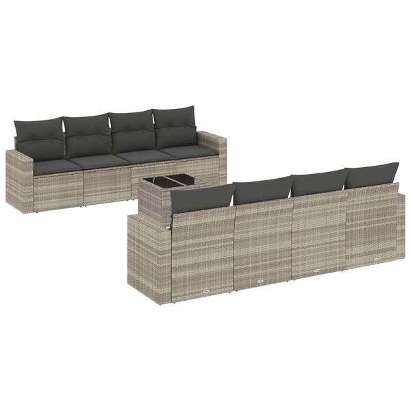 vidaXL Set muebles jard&iacute;n 9 pzas y cojines rat&aacute;n sint&eacute;tico gris claro