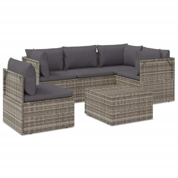vidaXL Set de muebles de jard&iacute;n 6 pzas y cojines rat&aacute;n sint&eacute;tico gris