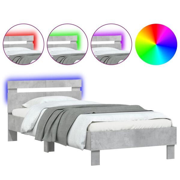 vidaXL Estructura de cama cabecero luces LED gris hormigón 100x200 cm