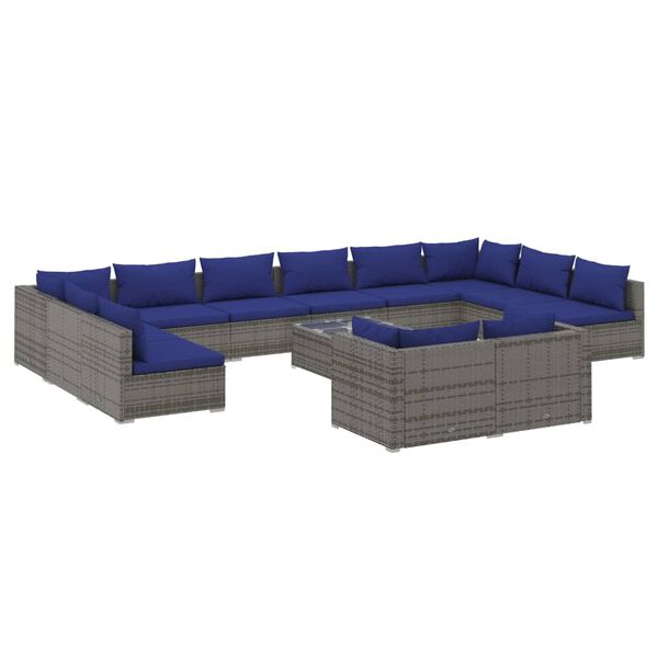vidaXL Set de muebles de jard&iacute;n 13 pzas y cojines rat&aacute;n sint&eacute;tico gris