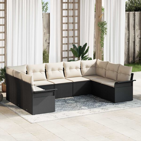 vidaXL Conjunto de sof&aacute; de jard&iacute;n 9 pcs Negro rat&aacute;n sint&eacute;tico