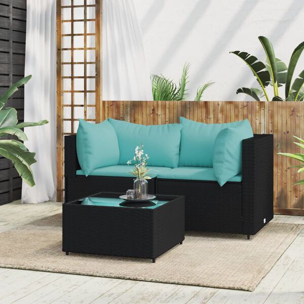 vidaXL Set de muebles de jard&iacute;n 3 pzas y cojines rat&aacute;n sint&eacute;tico negro