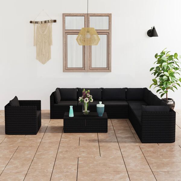 vidaXL Set de muebles de jard&iacute;n 10 pzas cojines rat&aacute;n sint&eacute;tico negro