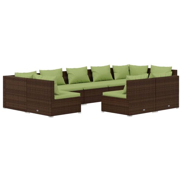 vidaXL Set muebles de jard&iacute;n 9 piezas y cojines rat&aacute;n sint&eacute;tico marr&oacute;n