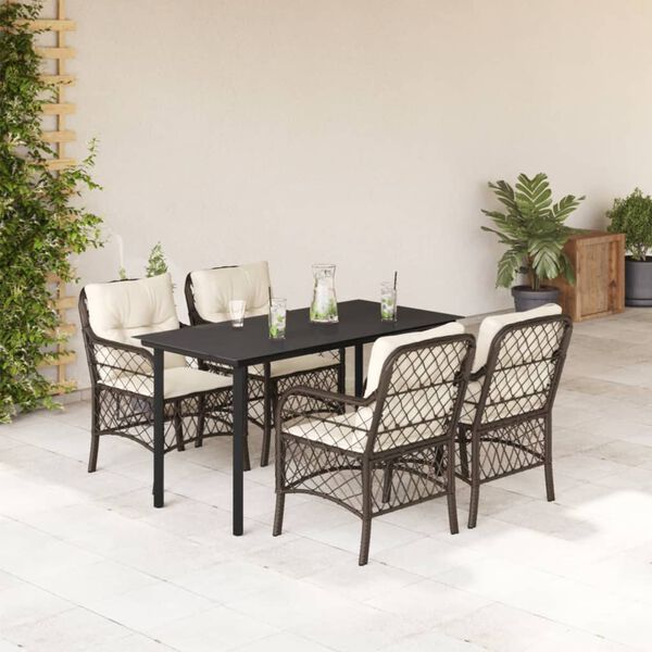 vidaXL Set comedor de jard&iacute;n 5 piezas y cojines rat&aacute;n sint&eacute;tico marr&oacute;n