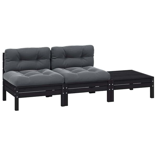 vidaXL Juego muebles de jard&iacute;n 3 pzas cojines negro madera pino maciza