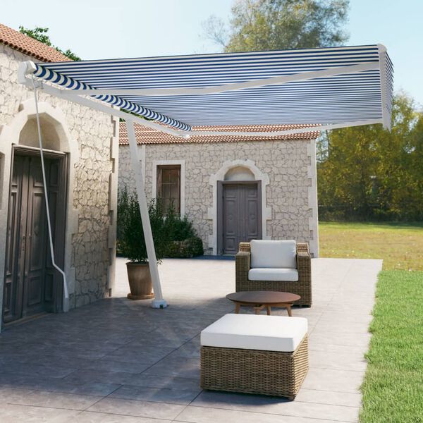 vidaXL Toldo de pie retr&aacute;ctil manual azul y blanco 500x350 cm