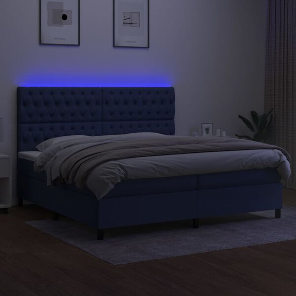 vidaXL Cama box spring colch&oacute;n y luces LED tela azul 200x200 cm