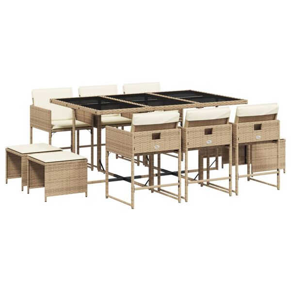 vidaXL Set comedor de jard&iacute;n 11 pzas con cojines rat&aacute;n sint&eacute;tico beige