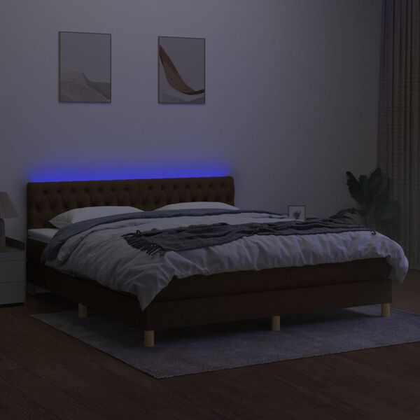 vidaXL Cama box spring con colch&oacute;n LED tela marr&oacute;n oscuro 160x200 cm