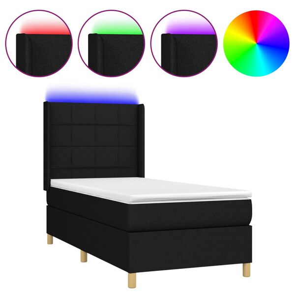 vidaXL Cama box spring colch&oacute;n y luces LED tela negro 100x200 cm