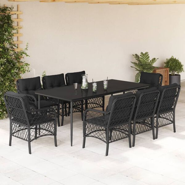 vidaXL Set de comedor de jard&iacute;n 9 pzas y cojines rat&aacute;n sint&eacute;tico negro