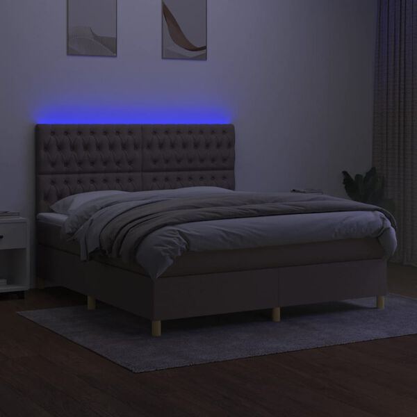 vidaXL Cama box spring colch&oacute;n y luces LED tela gris taupe 180x200 cm