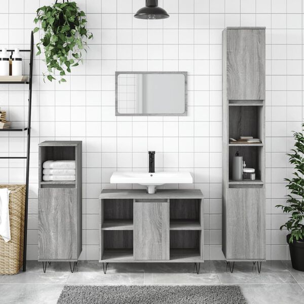 vidaXL Set de muebles de ba&ntilde;o 3 pzas madera contrachapada gris sonoma