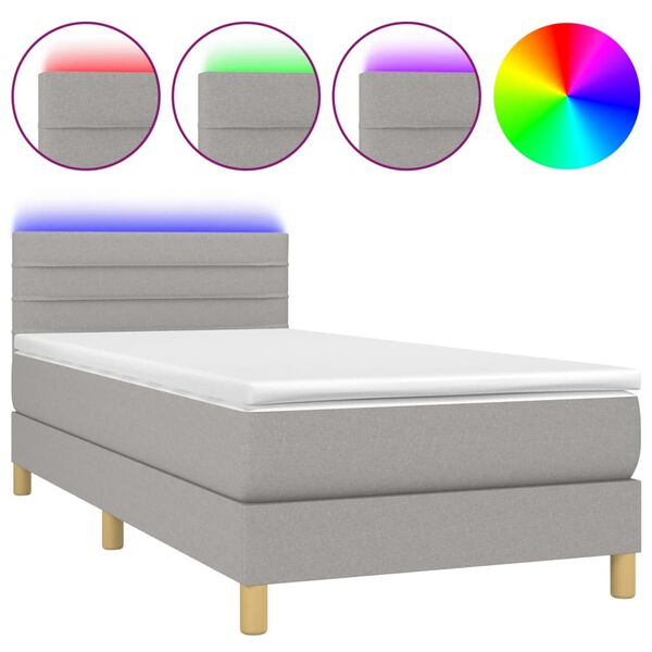 vidaXL Cama box spring colch&oacute;n y luces LED tela gris claro 90x200 cm