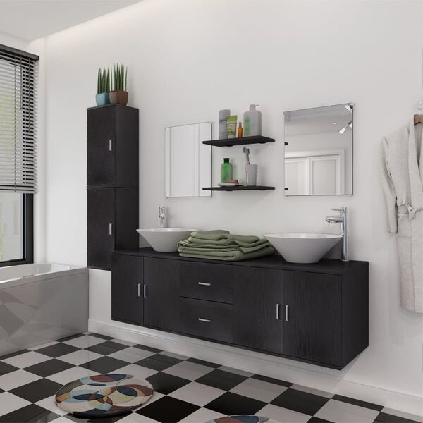 vidaXL Conjunto de muebles de ba&ntilde;o con lavabo y grifo 11 piezas negro