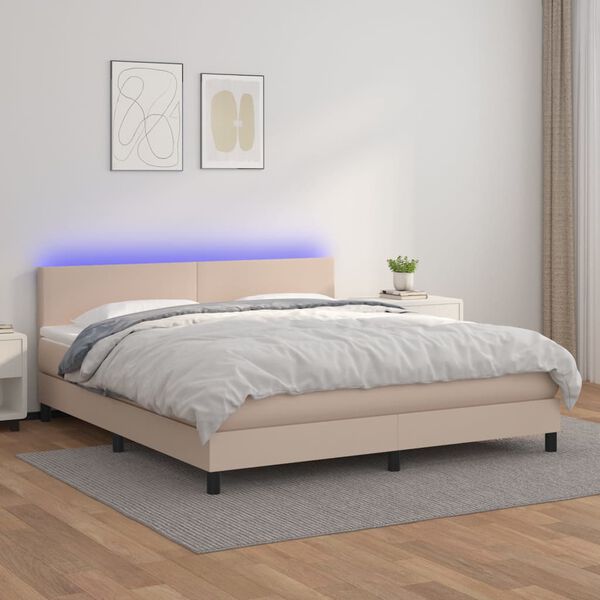 vidaXL Cama box spring colch&oacute;n LED cuero sint&eacute;tico capuchino 180x200cm