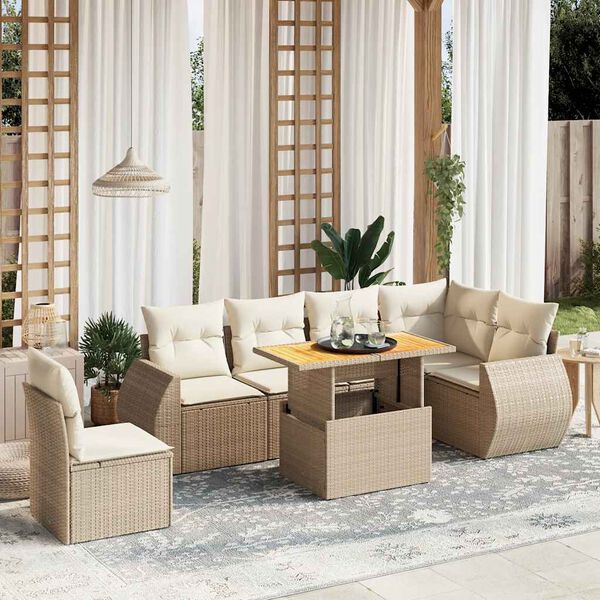 vidaXL Set sof&aacute;s de jard&iacute;n 7 piezas y cojines rat&aacute;n sint&eacute;tico beige