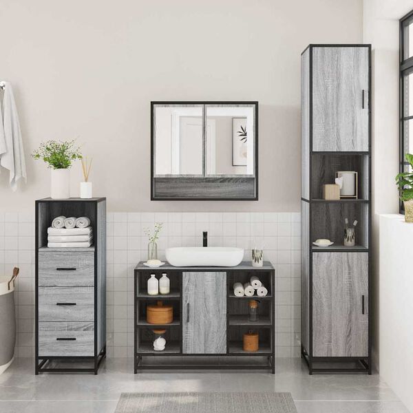 vidaXL Set de muebles de ba&ntilde;o 3 pzas madera contrachapada gris sonoma