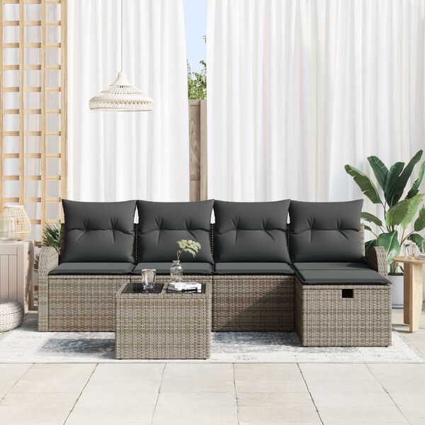 vidaXL Conjunto de sof&aacute; de jard&iacute;n con coj&iacute;n 6 pcs Gris Polirat&aacute;n